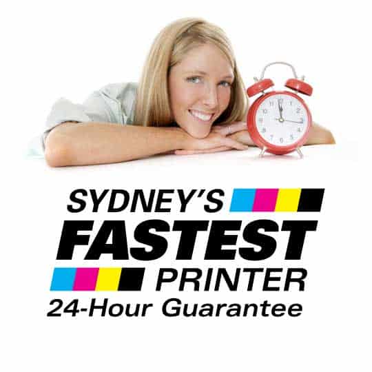 Photo of woman with clock, and logo for Sydney’s Fastest Printer 24 hour print guarantee