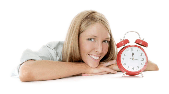 Photo of woman with clock, logo for Sydney’s Fastest Printer 24 hour print guarantee